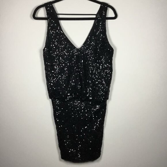 Astr Black All Over Sequin Glam Club Party Concert Deep V Mini Dress S/M - Picture 4 of 8
